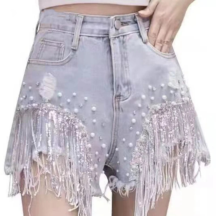 Heavy industry nail bead sequins tassel denim women niche design sense summer new versatile high-end slimming short pants