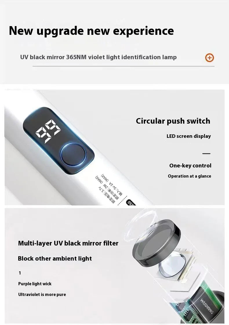 E9 Purple Light Lamp UV Flashlight 365NM Fluorescent Agent Detection USB Charging UV Nail Flashlight Currency Verification Lamp