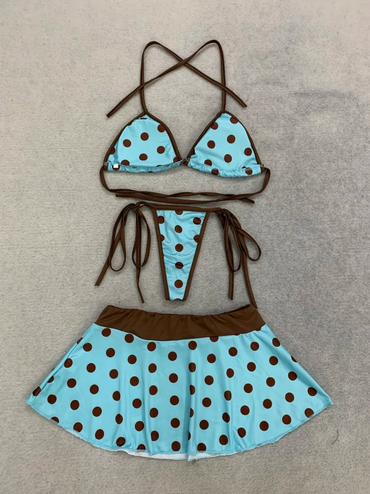 Women Retro Polka Dot 3 Piece Bikini Set Halter Triangle Top High Cut Side Tie Skirt Swimwear