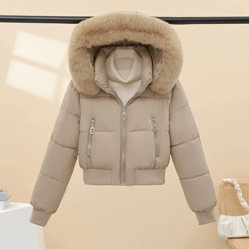 2026 Super-short Cotton-padded Jacket Women's Elastic-waist Winter Coats Fur Collar Hooded Parkas Streetwear Warm Slim Outerwear