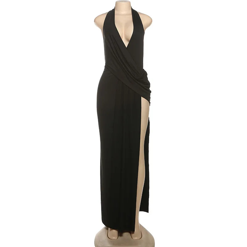 Women Solid Elegant Sexy Halter Backless Maxi Evening Party Dress Draped Deep V Neck Sleeveless High Split Long Robe Clubwear