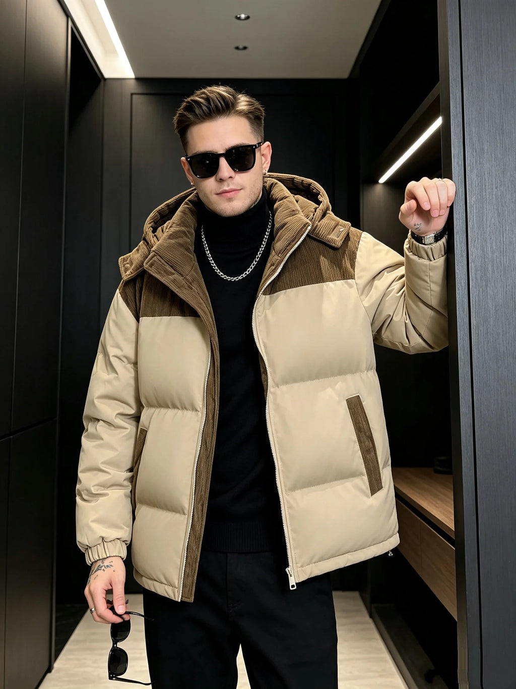 Men's  Block Corduroy Hooded Puffer Jacket Full Zip Thick Warm Winter Coat Loose Windproof Casual Outerwear With Side Pockets