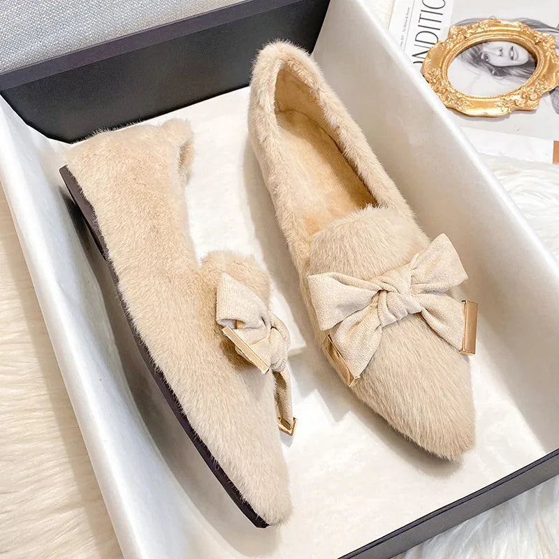 Flats Shoes for Women 2024 New Autumn Pointed Flat Mink Fur Winter Shoes Velvet Women's Loafers Ladies Shoes Plus Size 41 42 43