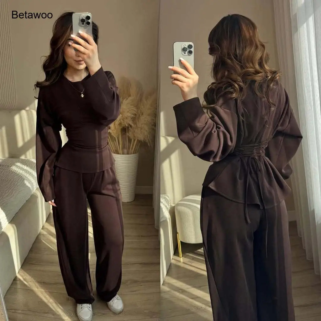 Women's 2 Piece Long Sleeve Top and Wide Leg Pants Set Casual Solid Color Pullover Sweatshirt and Trousers Lounge Wear Outfit