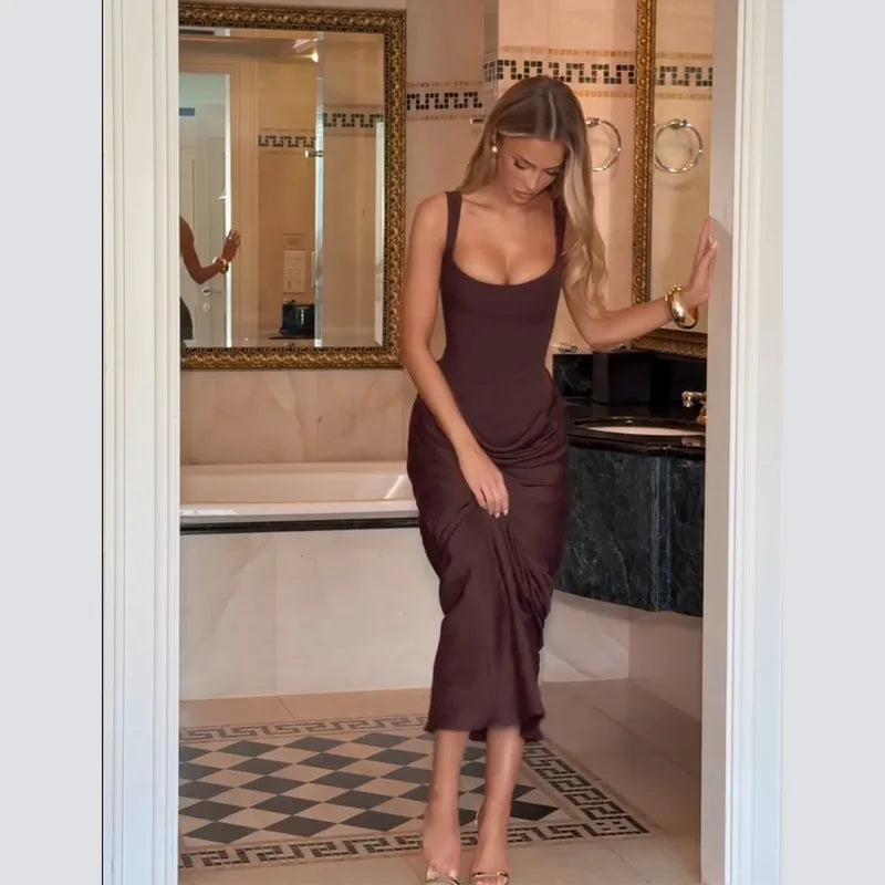 Ruched Waist Satin Long Dress Solid Bodycon Sleeveless Cowl Neck Fishtail Women Dresses 2026 Summer Lady Formal Evening Gowns