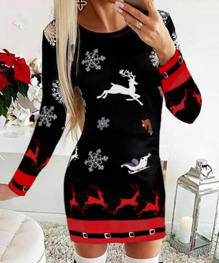 Christmas Women's Dresses 2024 Autumn Long Sleeve Fashion Snowflake Elk Print Casual O-Neck Daily Skinny Mini Dress