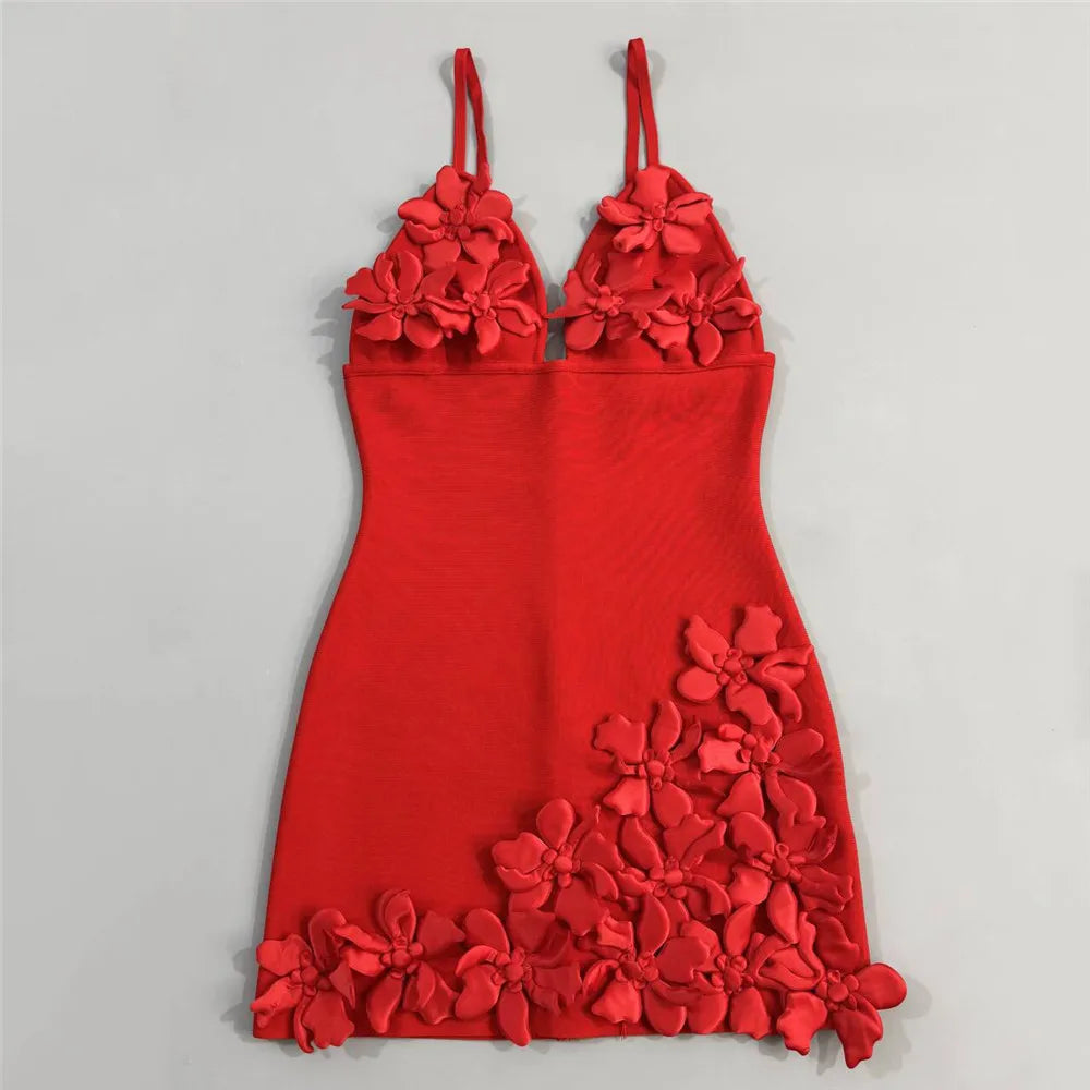 Women Simple 3D Floral Appliques Spaghetti Strap Bandage Dresses Deep V-Neck Backless Club Party Mini Dress