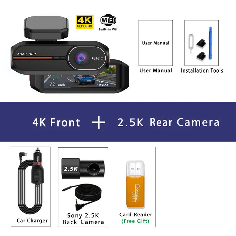 UHD 4K 3840*2160P Dash Cam ADAS WiFi GPS Front 4K Rear 2.5K DVR Video Recorder 24H Night Vision Dash Cam Car Camera Black Box
