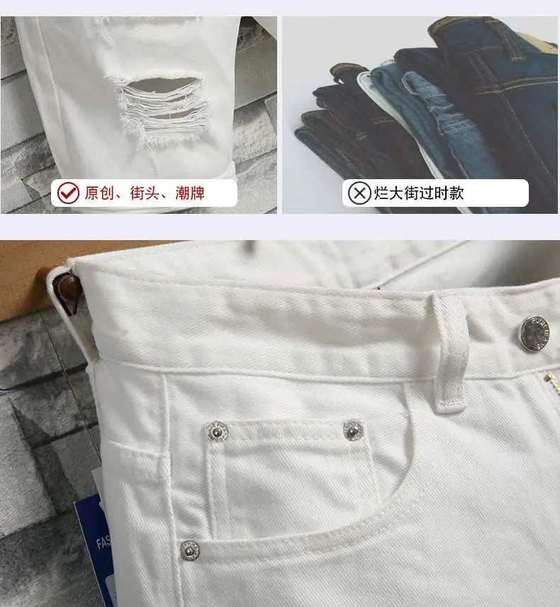 Men's Denim Shorts 2025 Summer Y2k Streetwear Ripped Casual Denim Knee Length Solid Jeans Shorts White New Classic Jeans Shorts