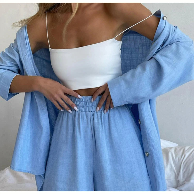 Summer Two Piece Set Women Shorts Suit Green Lapel Long Sleeve Shirts Sets Female Elegant Casual High Waist Pants Lady Outfits