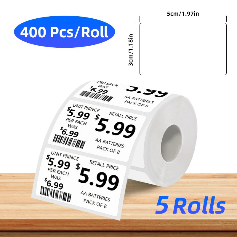 5 Rolls of Thermal Label Paper, Coreless White Self-Adhesive Waterproof Stickers, Suitable for Portable Handheld Printers - for Barcodes, Addresses, Shipping, Corporate Offices, Commercial and Home Labels 30*20mm 30*30 40*20