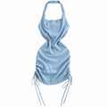 Solid Color Halter Neck Dress Sleeveless Design Ruched Side Mini Dress Drawstring Stretchy Knit Bodycon Dress Women Summer Wear