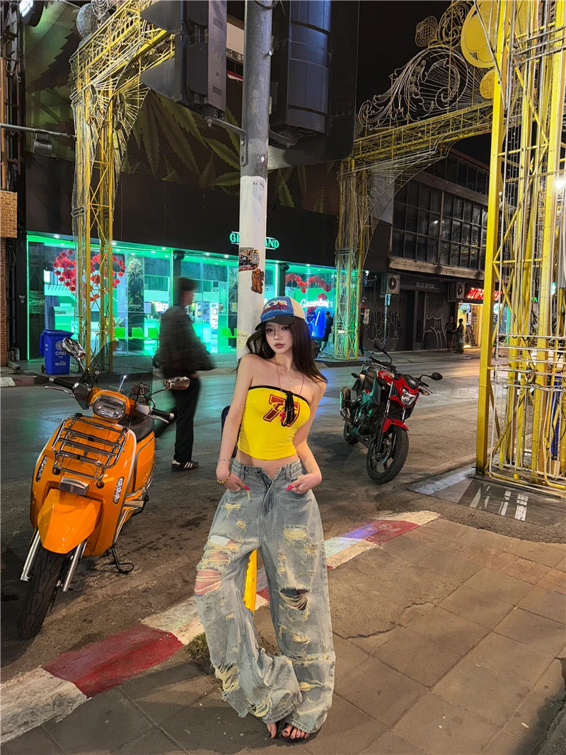 Benuynffy Bf Style Ripped Heavy Industry Straight Jeans Women's Do old High Waisted Y2K Streetwear Loose Wide Leg Trousers