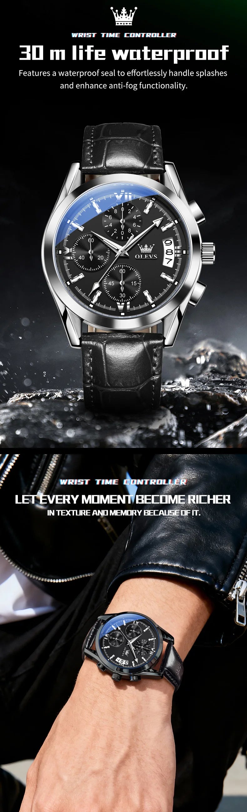 OLEVS 2987 Men Original Quartz Movement Wristwatch Fashion Metallic Texture Calendar Window Luminous Function Waterproof Watch