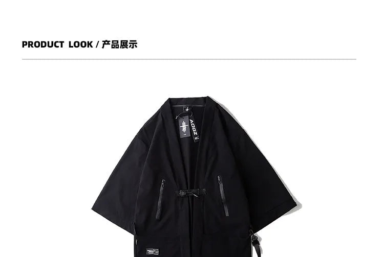 2023 Ribbon Hip Hop Punk Techwear Kimono Oversized Shirts Mens Japan Style Harajuku Casual Cargo Shirt Cloak