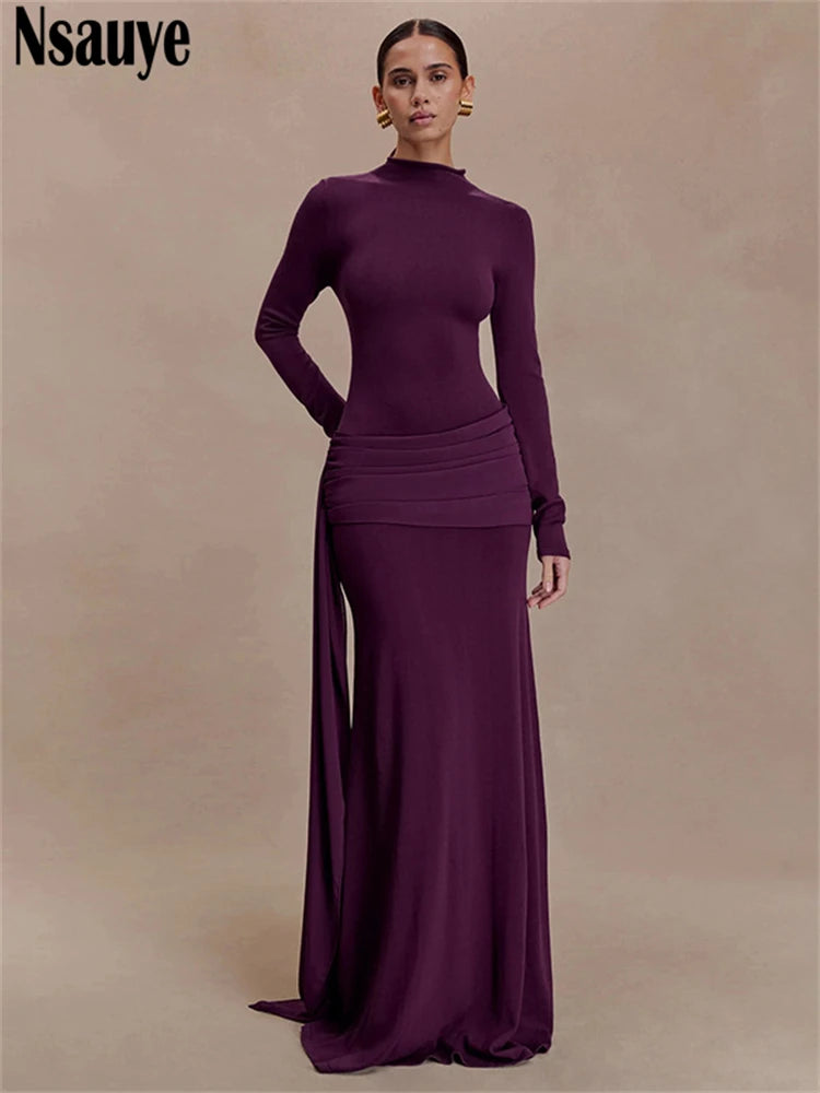 Nsauye Women Vintage Sexy New Fashion Night Club Evening Party Maxi Dress Long Sleeve 2025 Winter Holiday Elegant Bodycon Dress