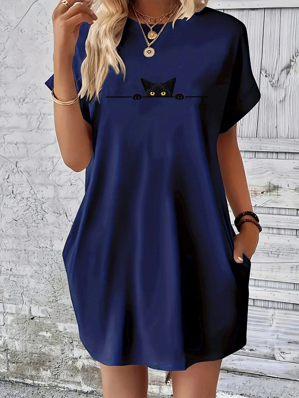 Women's Summer Loose Large Personalized Cat Pattern Printed Round Neck Short Sleeve Pocket Comfortable Casual Dress
