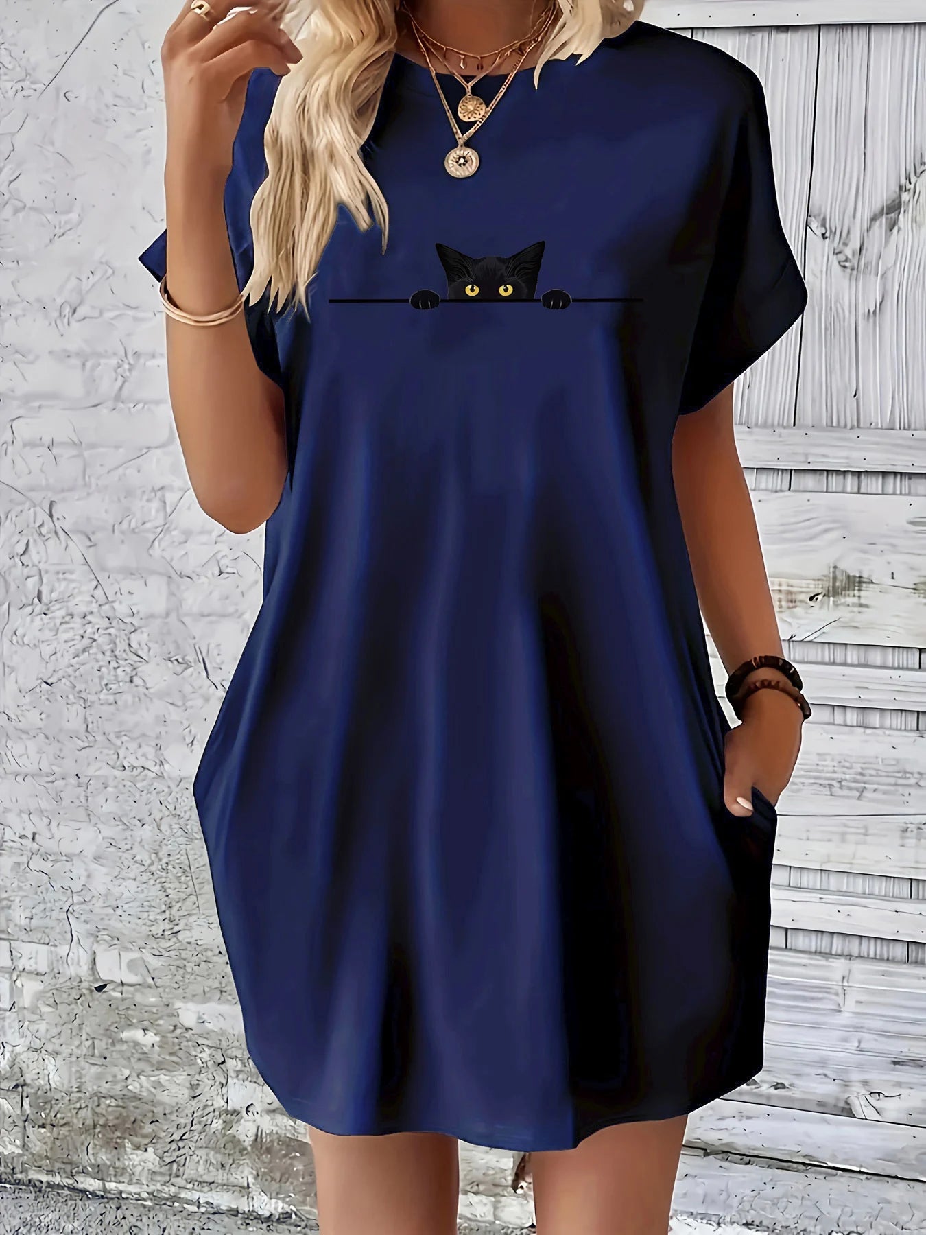 Women's Summer Loose Large Personalized Cat Pattern Printed Round Neck Short Sleeve Pocket Comfortable Casual Dress