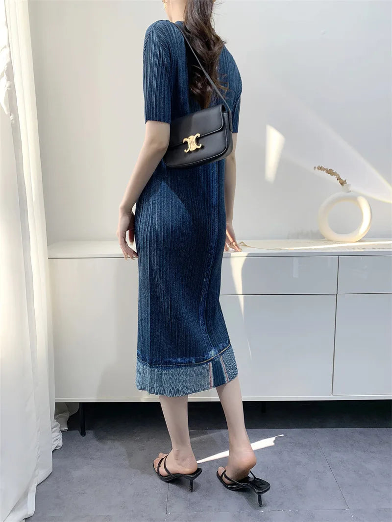 Miyake Pleated Imitation Denim Dress 2025 Summer New Mid-length Slim and Thin Short-sleeved Pleated Skirt