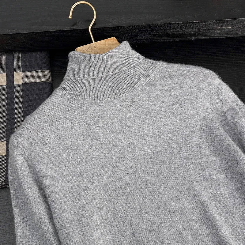Autumn/Winter Men's 100% Cashmere Pullover Business Casual Solid Knitted Sweater Loose High Collar Tops Basic Thick Warm Jumper