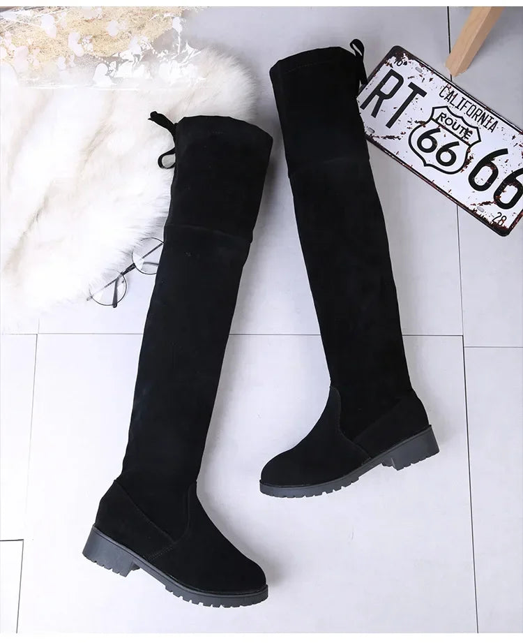 Faux Suede Female Heels Autumn Winter Elastic Knee-high Boots for Women Tube Lace-up Thigh Boots Black Botas