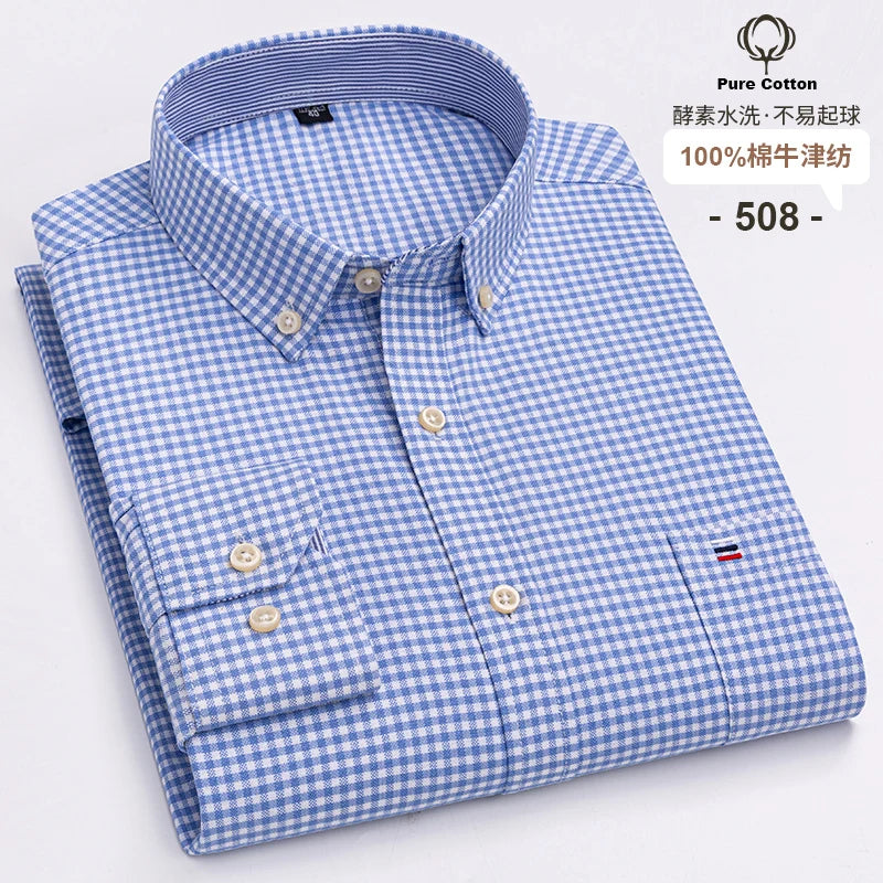2024 Fashion Men Work Business Brand Shirt Mens Plaid Cotton Casual Dress Shirts Slim Fit Long Sleeve Button Down  Chemise Homme
