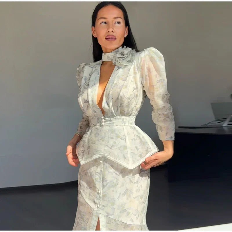 Elegant Printed Women's Dress V-neck Front Split Waist-closed Sashes Wrist Sleeve Gauze Dresses 2026 Summer Chic Female Robe