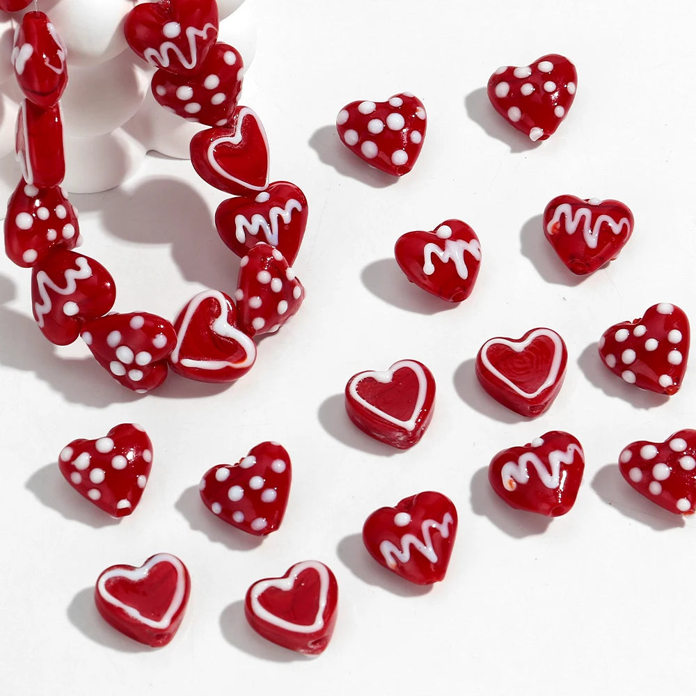 5Pcs Red Heart Lampwork Glass Beads Charm Dot Love Peach Loose Bead for DIY Craft Jewelry Making Necklace Bracelet Accessories