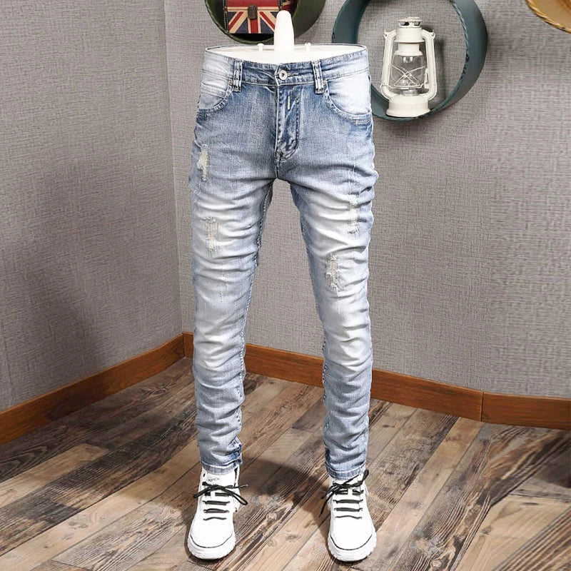 Streetwear Fashion Men Jeans Retro Light Blue Elastic Slim Fit Ripped Jeans Men Embroidery Designer Vintage Casual Denim Pants