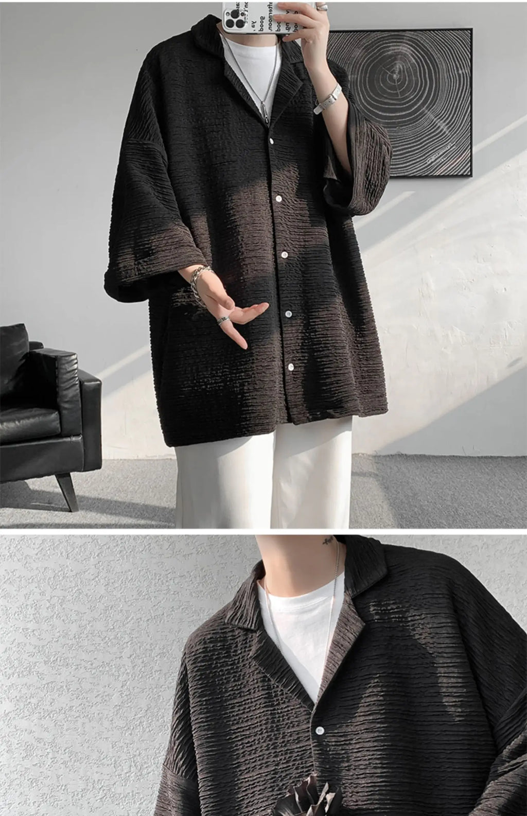 LEGIBLE Spring Summer Solid Shirts Men Casual Oversized Three Quarter Shirts Male Loose Fit Shirt for Man