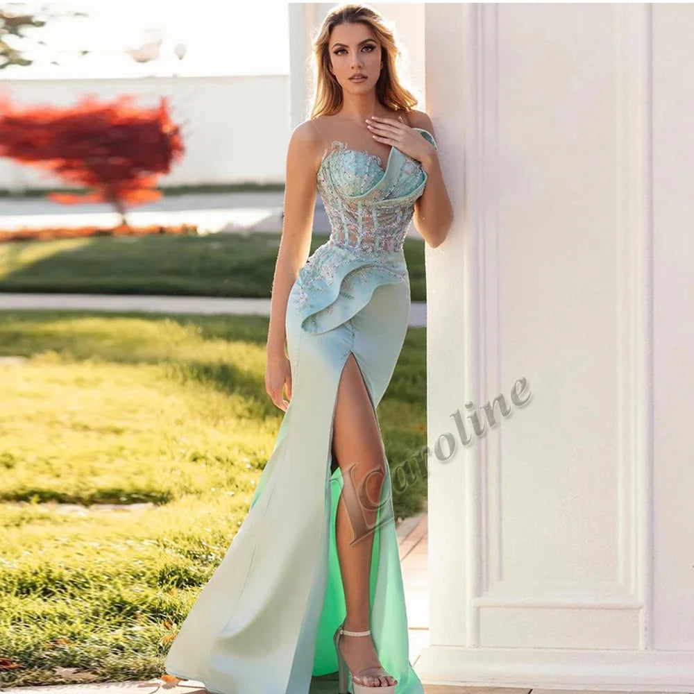 Caroline Modern Mermaid Prom Dresses for Women with Cloak Beads Crystals High Neck Formal Evening Vestidos De Gala Drop Shipping