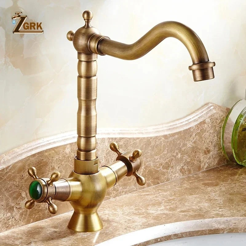 ZGRK Dual Handles Basin Faucet Brass Bronze Finished Mixer Taps 360 Rotation Antique Bath Sink Faucet Deck Mounted Water Taps