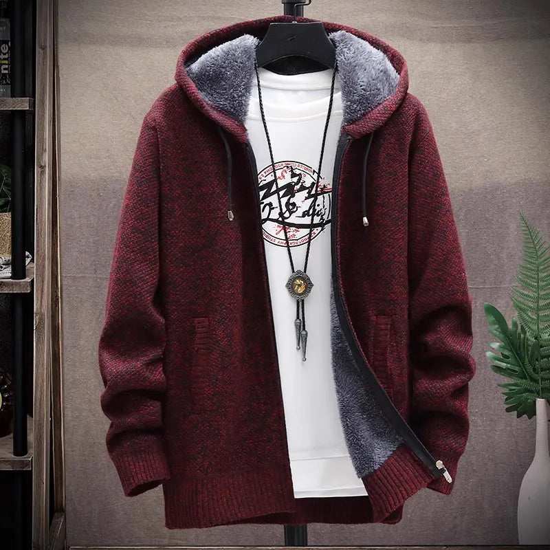 Men‘s Hooded Cardigan Knitted Sweater Winter Thick Fleece Warm Casual Knitwear Coat Solid Color Cardigan Men Hooded Sweaters