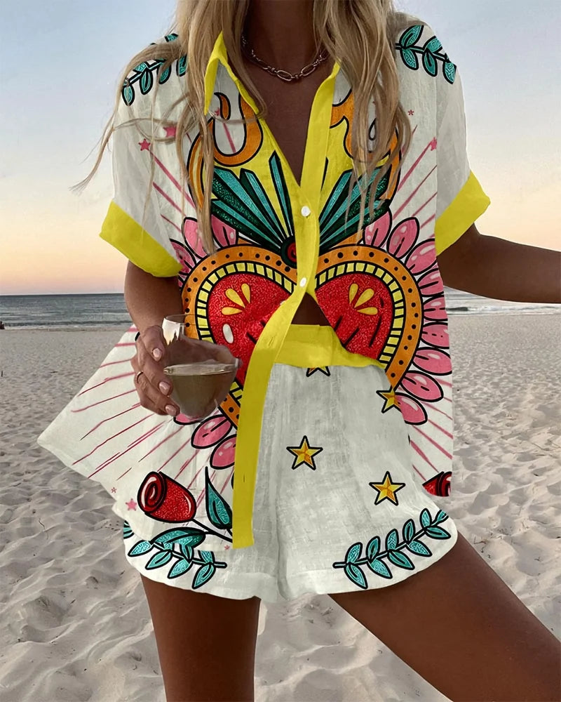 Summer Hot Style Print Beach Holiday 2-Piece Set Women Short Sleeve Shirt Top Wide Legs Short Women's Oversized Two-Piece Sets