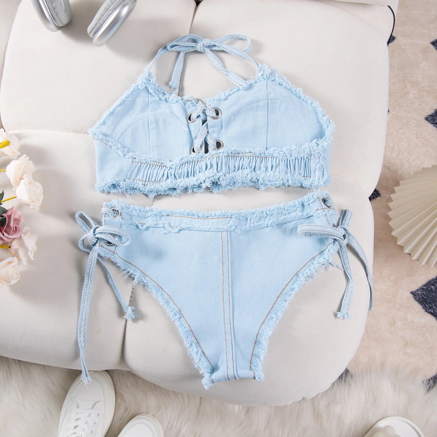 DEKA Retro Women Bikini Denim Suits Summer Halter Camis+ Mini Pant Lingerie Fashion Vacation Swimsuits Sexy Bra&Briefs Sets