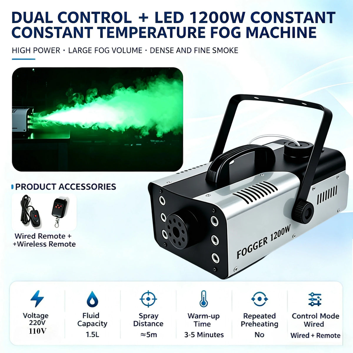 1200W Smoke Machine RGB 6LEDs Lighting Fog Machine Remote Control Stage Smoke Haze Generator for Disco Party Nightclub Wedding
