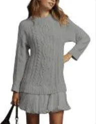 2025 Winter Long Sleeve Twist Knitted Sweater Dress Woman Ruffle Chiffon Pleated Dresses Fall Solid Warm A-Line Pullover Dress