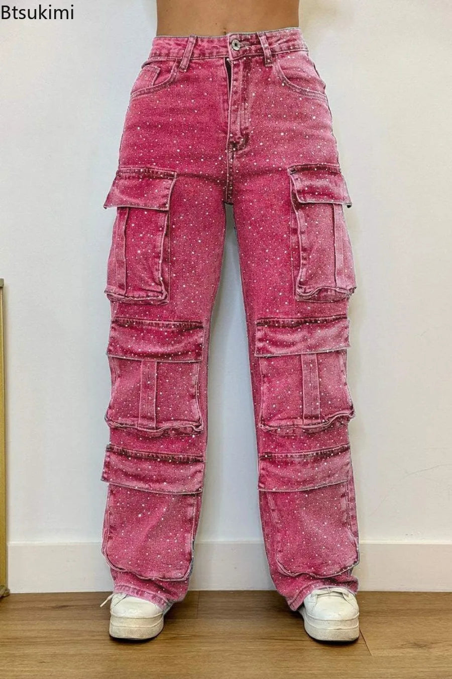New 2026 Women's High Waist Cargo Denim Jeans with Full Rhinestones Sparkling Casual Baggy Pants Streetwear Chic Daily Trousers