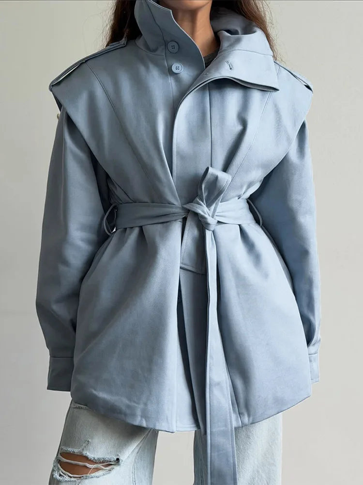 Solid Stand Collar Padded Coat Waist Tie Belt Long Cape Sleeve Button Zipper Loose Women Coats 2026 Autumn Commute Chic Outfit