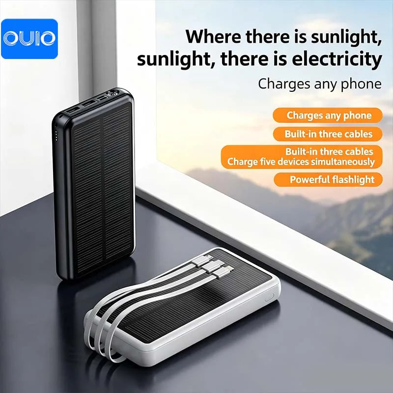 30000mAh Solar Power Bank Super Fast Charging Compact Portable Built-in 4 Cable High Capacity External Battery with Led Light