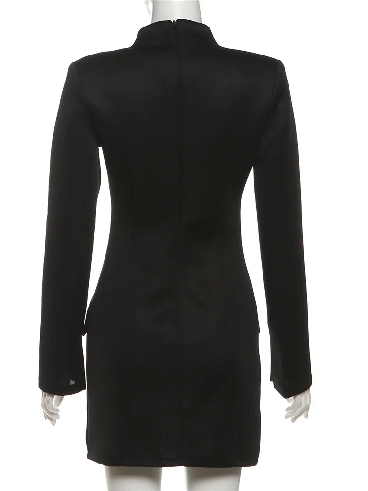 Nibber Elegant Fashion Office Style Dress Woman Button Pocket Decoration Stand Collar Simple Full Sleeve Casual Mini Bodycon