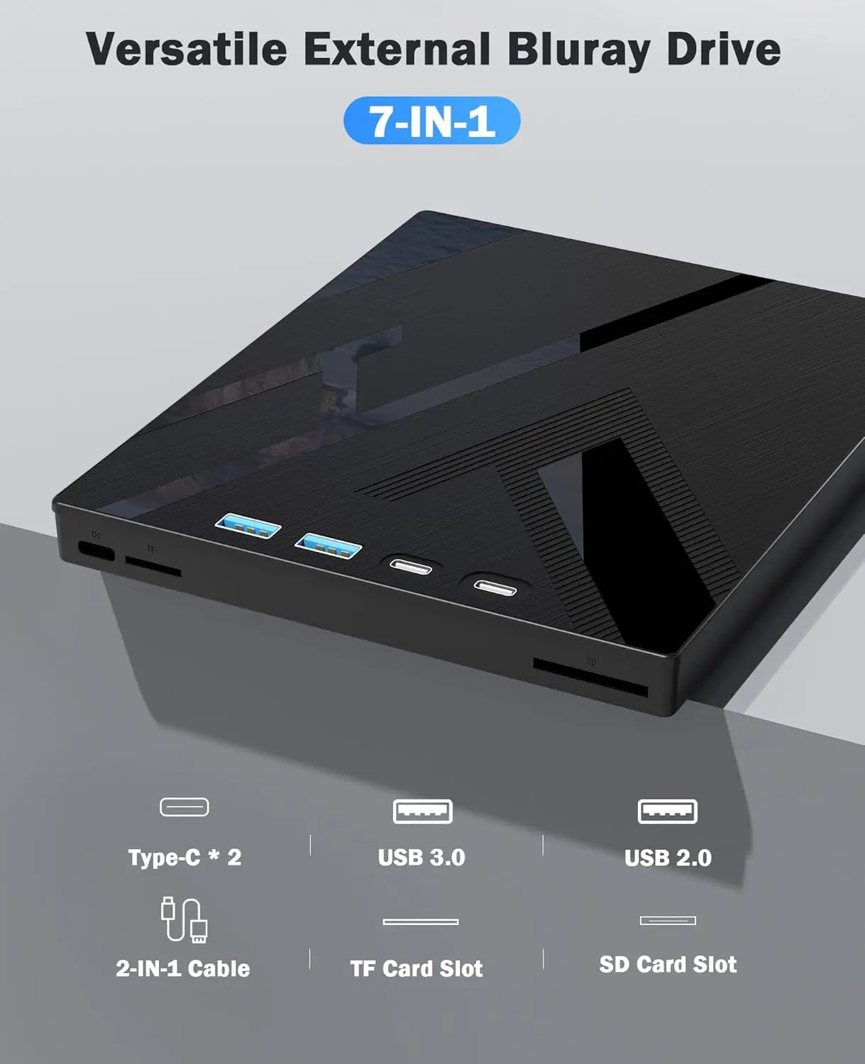 7 in 1 External Bluray Optical Drive for Laptop PC USB 3.0 Type-C BD DVD CD-RW Player Portable Burner with SD/TF Card Slot