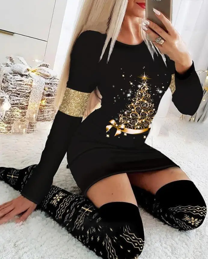Christmas Women's Dresses 2024 Autumn Long Sleeve Fashion Snowflake Elk Print Casual O-Neck Daily Skinny Mini Dress