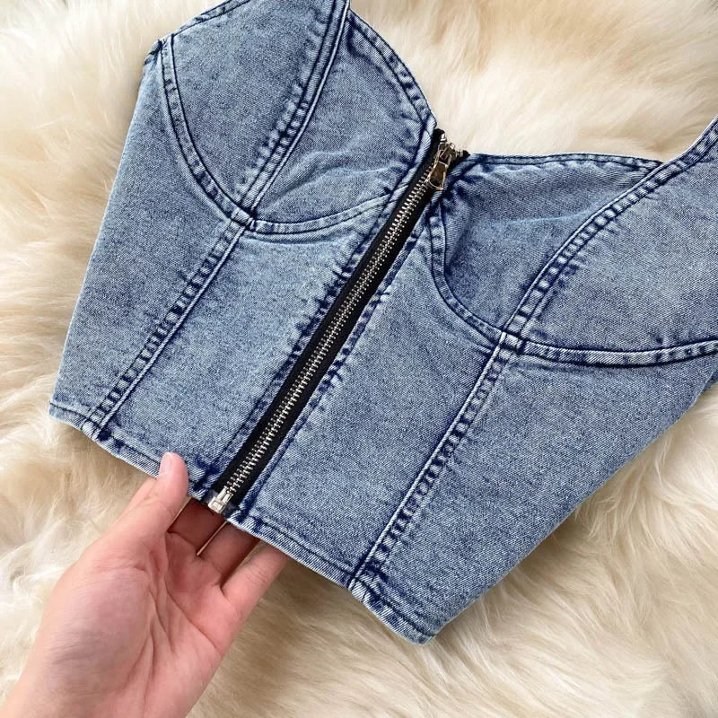 A New Hong Kong-style Sexy Denim Two-piece Set. Women's Summer Short Zipper Halter Vest High-waisted Denim Slit Half Body Skirt