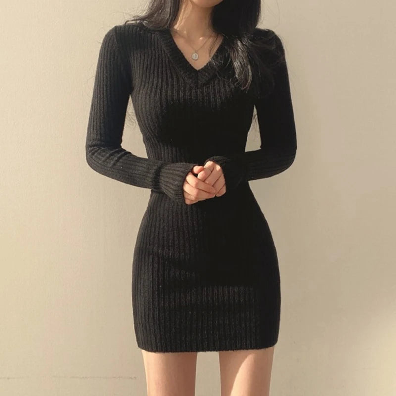 V-neck Knitted Slim Fit Stretchy Basic Long Sleeve Fall Casual Women Mini Dress