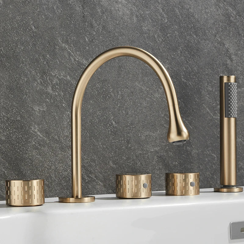 Gray Luxury Brass Deck-Mounted 5-Holes Bathroom Bath Tub Rotating Faucet Mixer Bathtub Basin Water Tap With Spray 3 Handles