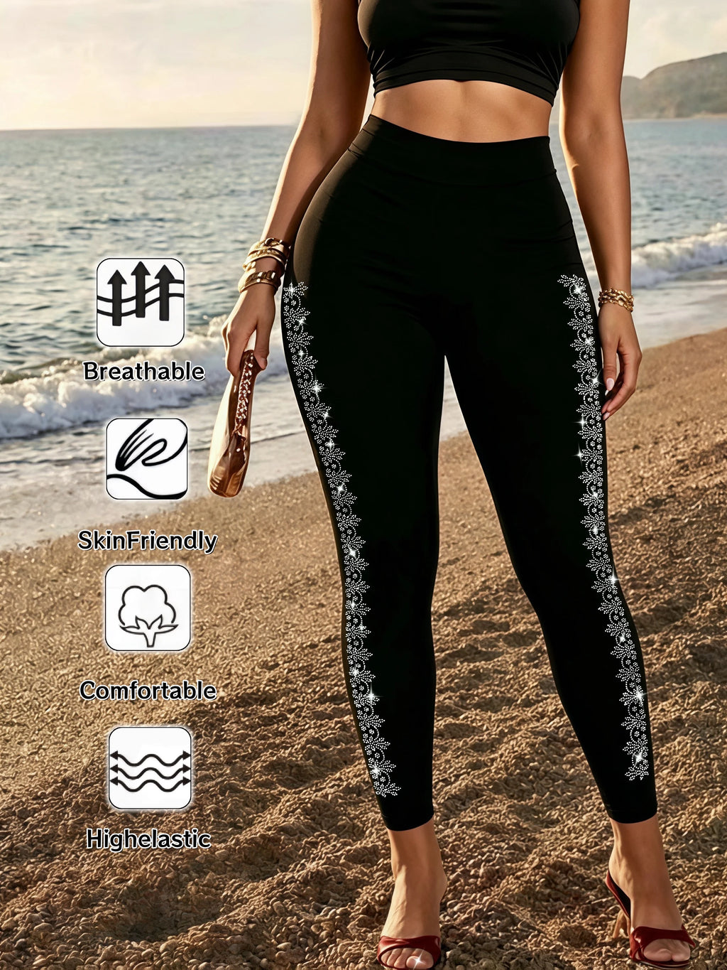 Women's Black High Waist Rhinestone Snowflake Leggings Slim Fit Stretch 9/10 Length Casual Tights