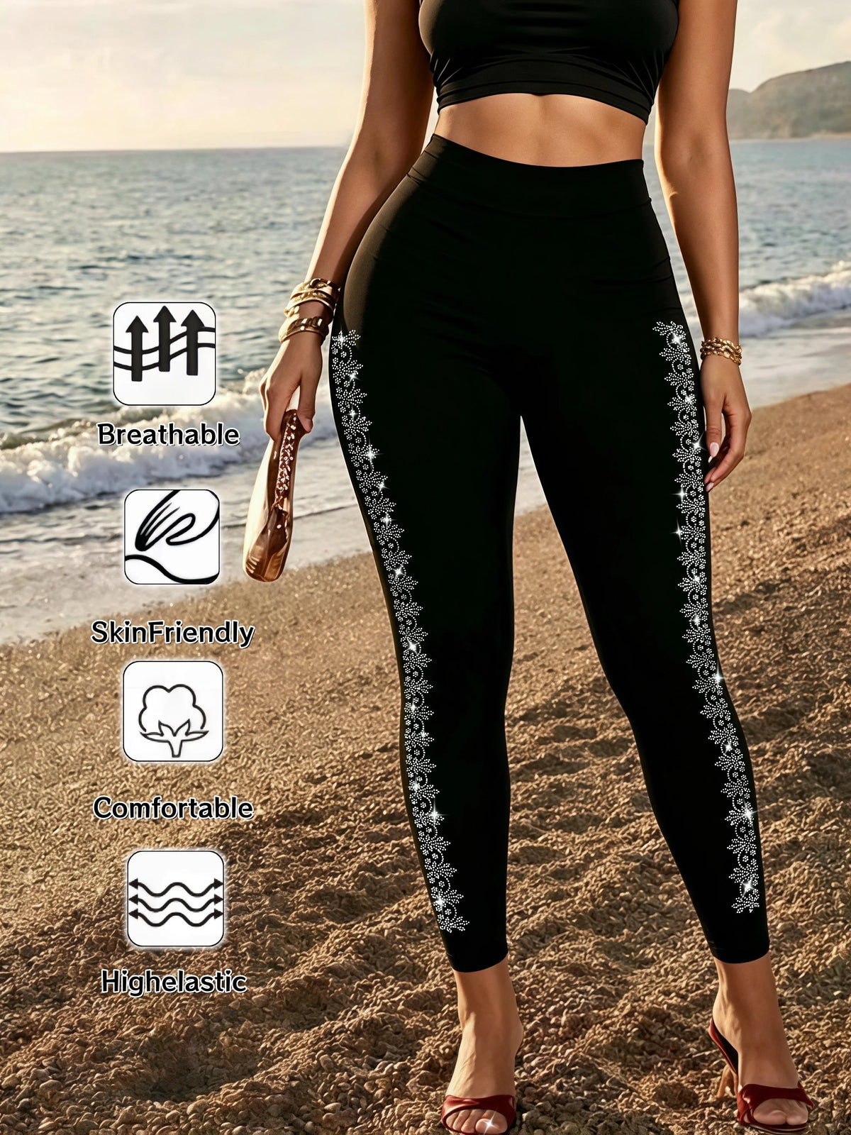 Women's Black High Waist Rhinestone Snowflake Leggings Slim Fit Stretch 9/10 Length Casual Tights