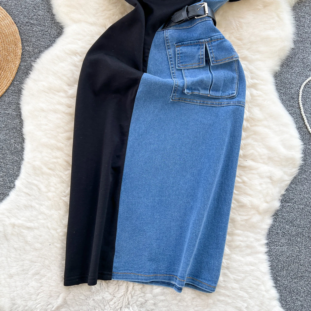 Women Design Contrast Color Splicing Denim Slim Mid-length Short-sleeved Temperament Youth Woman Summer Dress