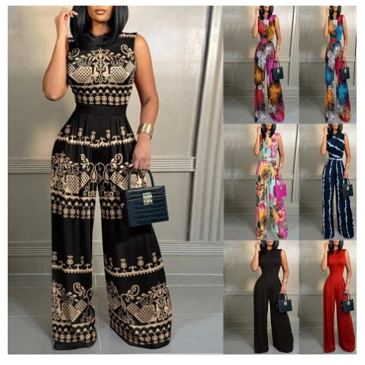 New 2023 Summer Casual Slim Fit  Pants Sleeveless Long Pants Women's High Waist Wide Leg Jumpsuit Comfortable Print